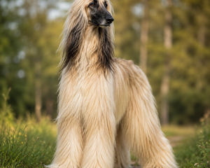 Afghanhund med lång silkeslen päls i naturlig utomhusmiljö.