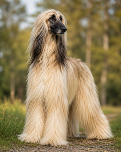 Afghanhund med lång silkeslen päls i naturlig utomhusmiljö.