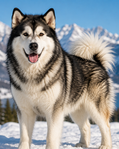 Alaskan malamute med tjock päls i snöigt bergslandskap.