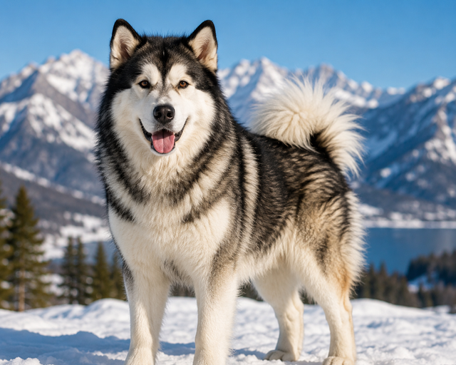Alaskan malamute med tjock päls i snöigt bergslandskap.