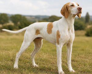Braque Saint-Germain – fransk stående fågelhund med vit och orange päls och elegant uttryck