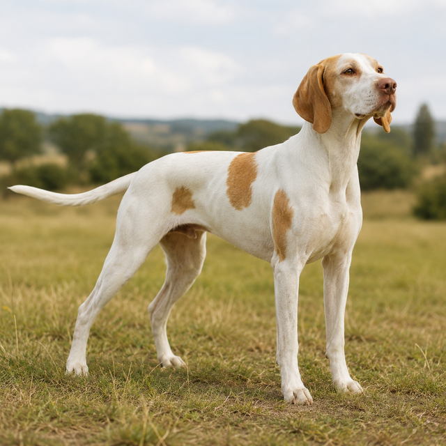 Braque Saint-Germain – fransk stående fågelhund med vit och orange päls och elegant uttryck
