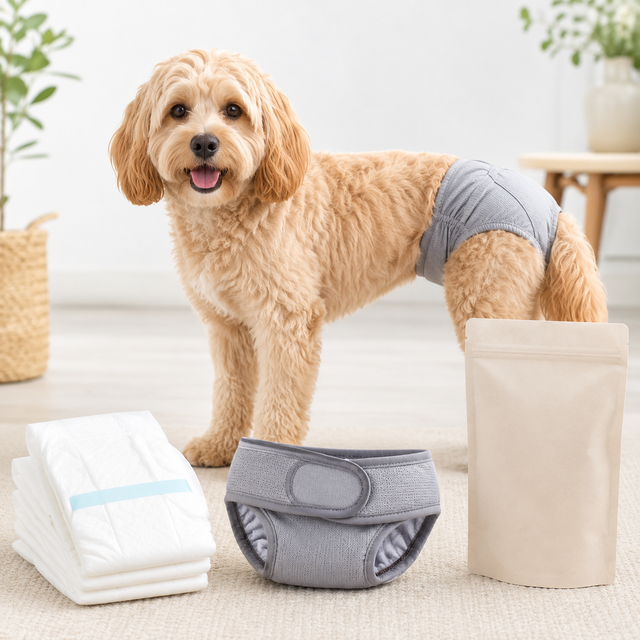 Hund med hundblöja och tikskydd i ljus hemmiljö hos Zoostar djurbutik online