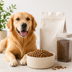 Glad hund med skål fylld med torrfoder och hundmat i ren miljö hos Zoostar djurbutik online