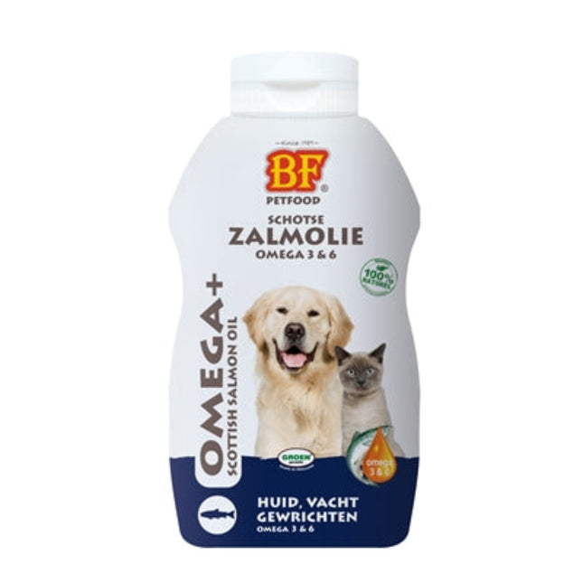 BF Petfood Zalmolie koudgeperst omega 3-6 supplement voor hond en kat 250 ml 500 ml 5 ltr