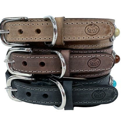 Sazzz Halsband Hund Boho Schatz Stein Vintage Leder Braun