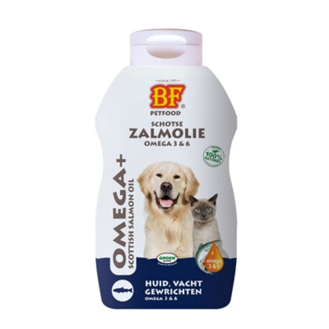 BF Petfood Zalmolie koudgeperst omega 3-6 supplement voor hond en kat 250 ml 500 ml 5 ltr