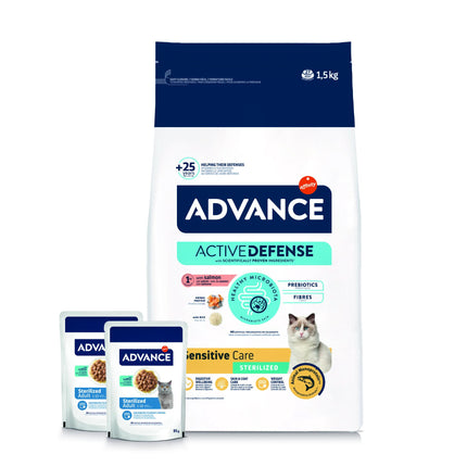 Advance Katze Sterilisierter Empfindlicher Lachs + 2 Beutel Kabeljau