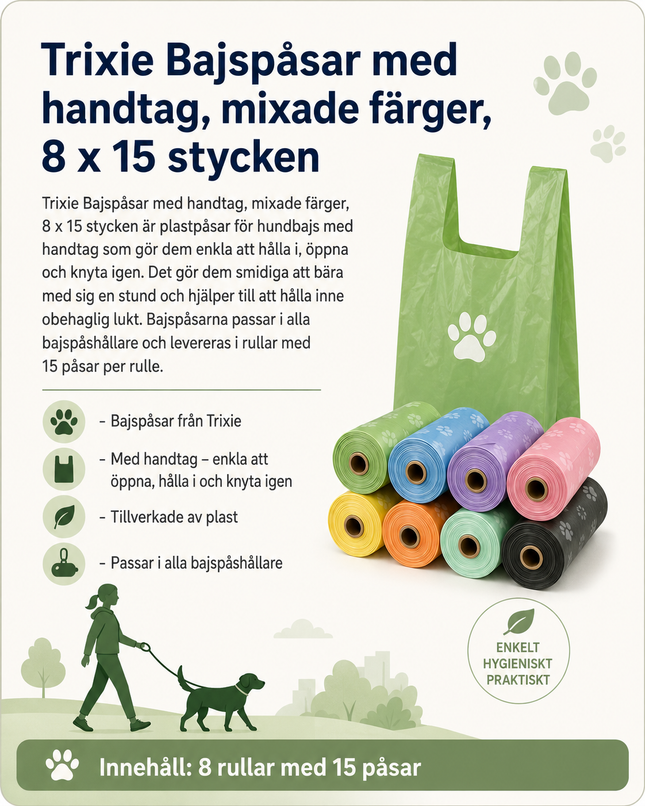 Trixie Bajspåsar för Hund med Handtag – Assorterade Färger 8 × 15 st
